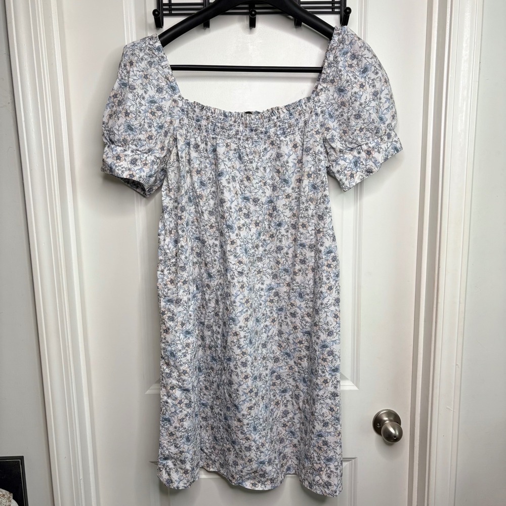 J.Crew Floral Smocked Square Neck Puff Sleeve Dress w/ Pockets Blue White Large